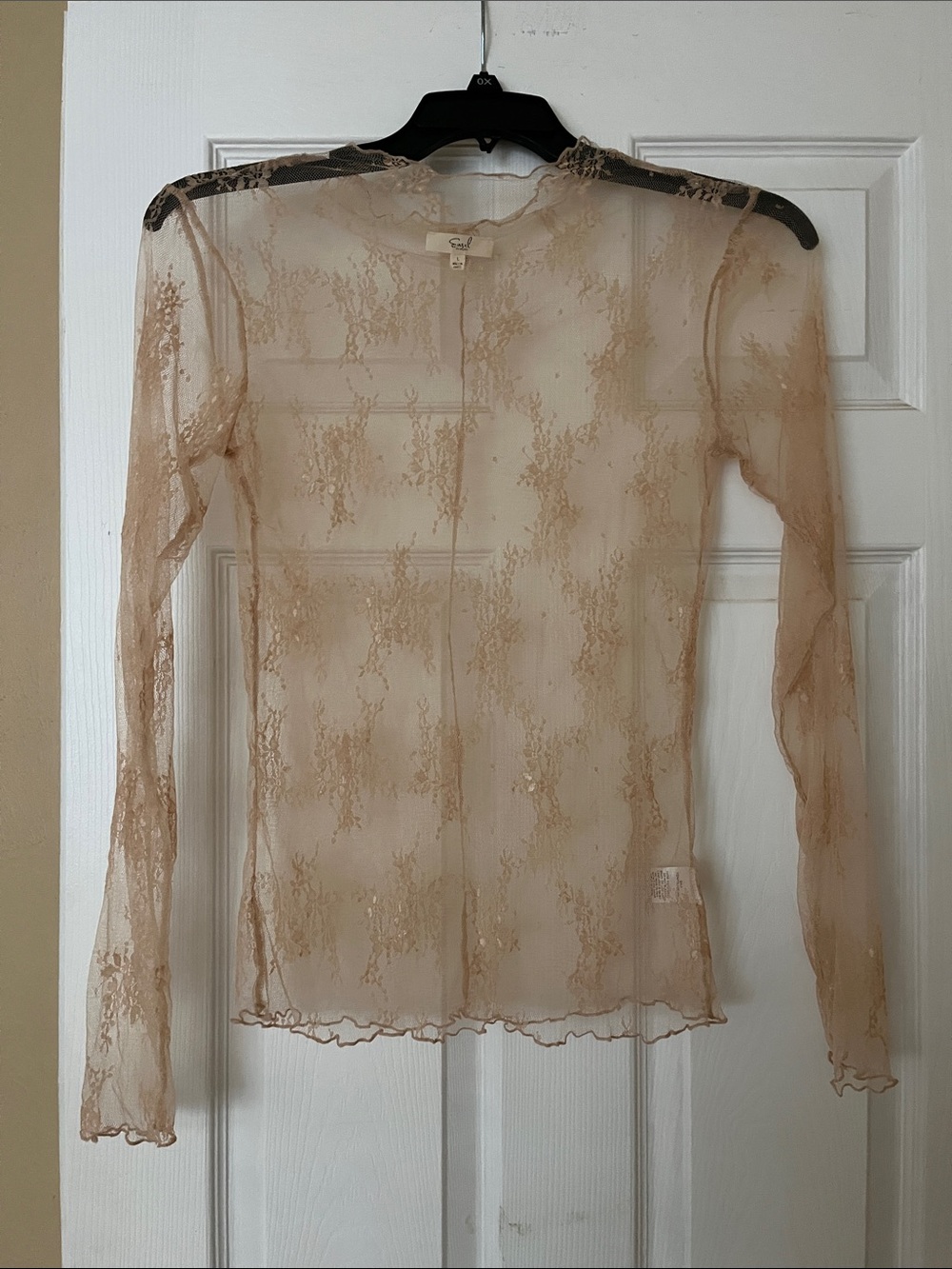 Sheer Lace Long-Sleeve Blouse - Beige - Unbranded